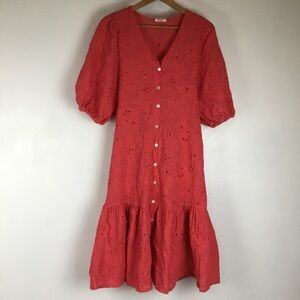 SUNDAY UP Coral Embroidered Eyelet Puff Sleeve Midi Dress Size L